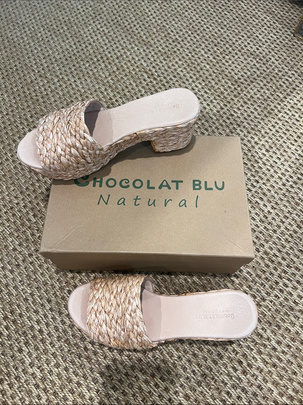Chocolat Blu Natural Braided Raffia Slide Mules in Light Beige